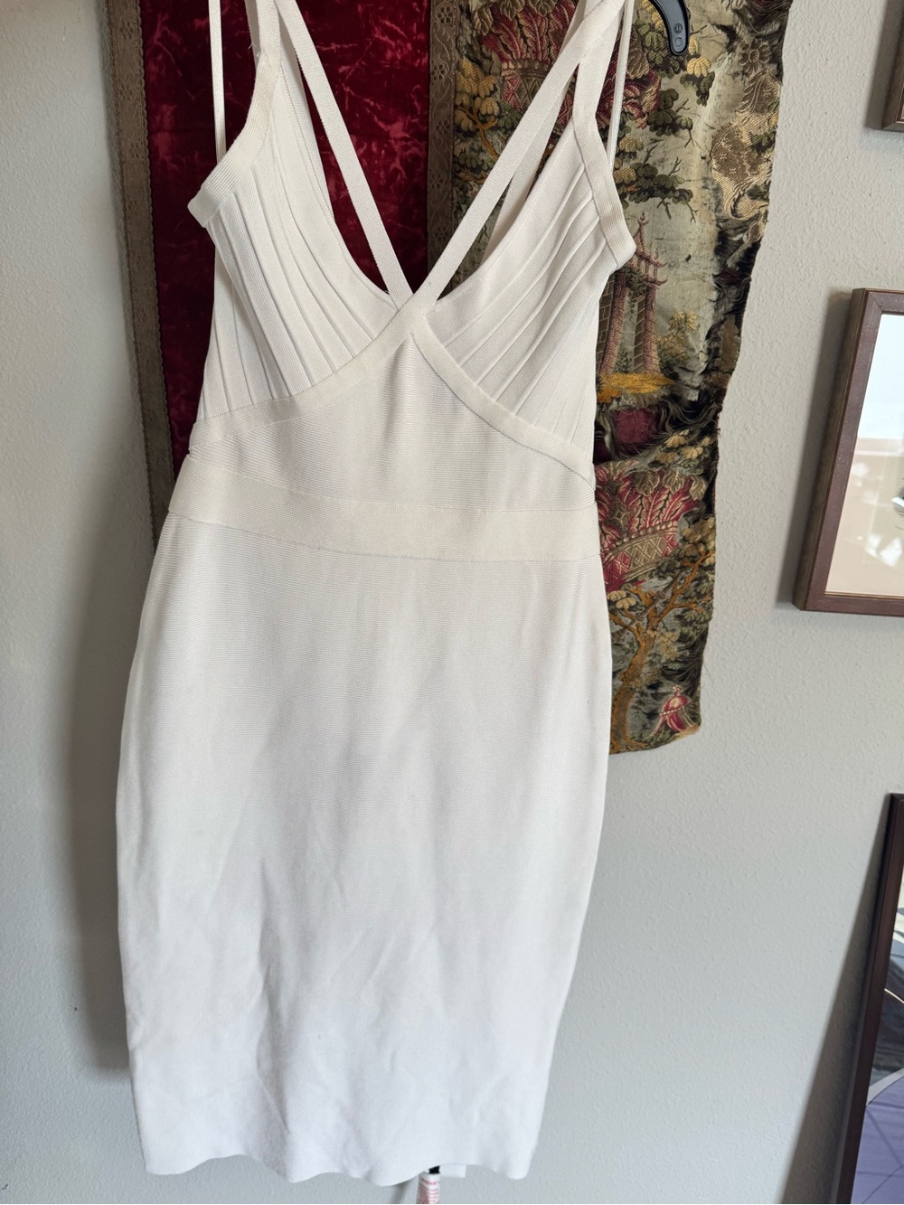 Herve Leger White Strappy V-Neck Bandage Dress Sz M